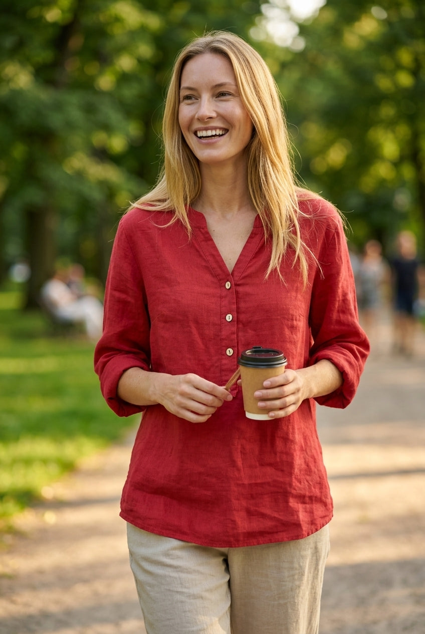 Refined V-Neck Button-Down Shirt for Women, Lightweight Breathable Relaxed Fit, for Casual, Office, Vacation & Everyday 