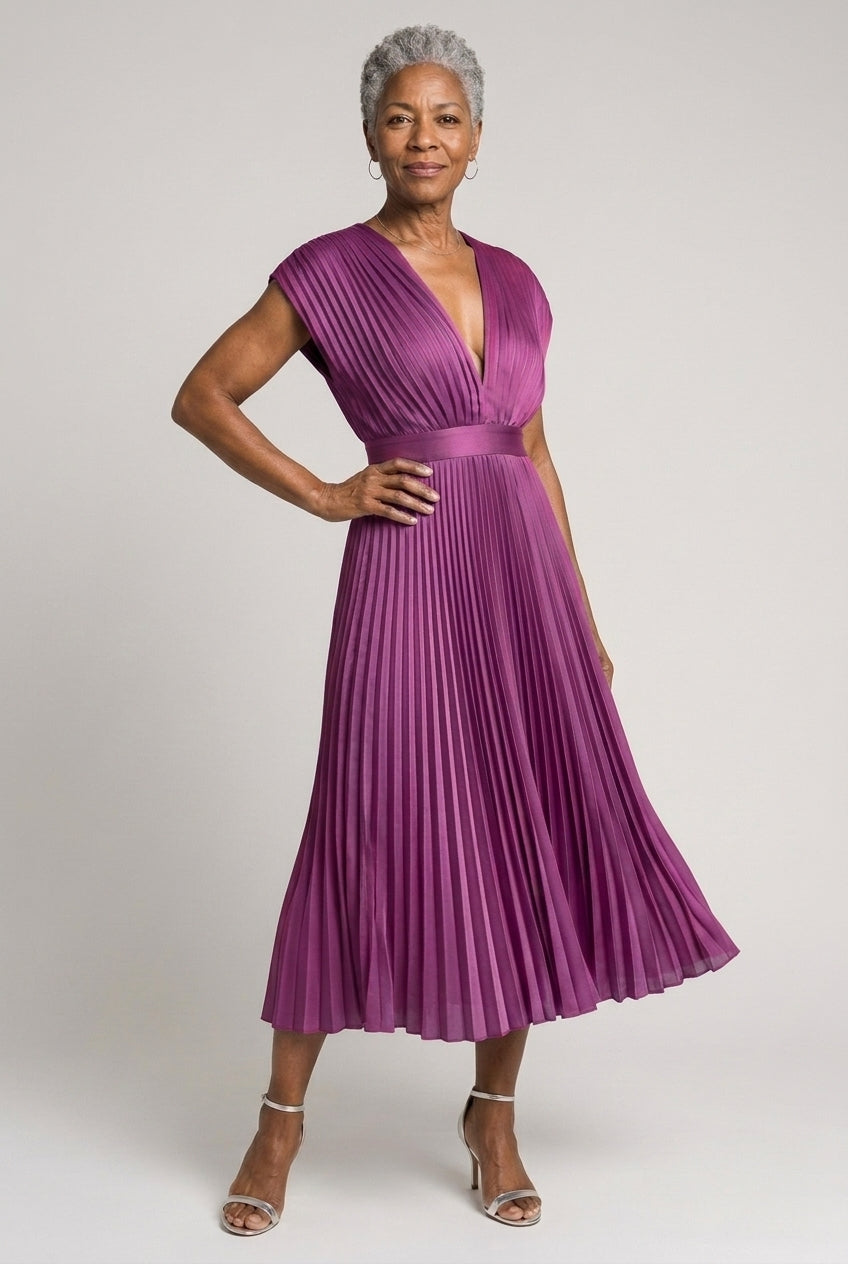 Nicoletta Vera | Pleated Midi Dress with Tie Belt