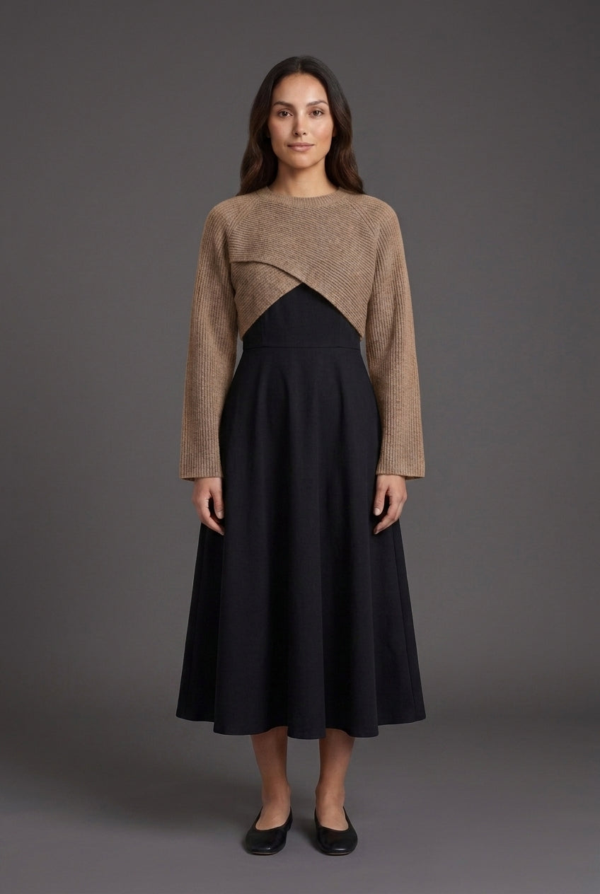 Versatile 2-in-1 Knit Dress Set for Women, A-Line Dress with Cropped Sweater Layer, for Work, Casual, Date Night & Every