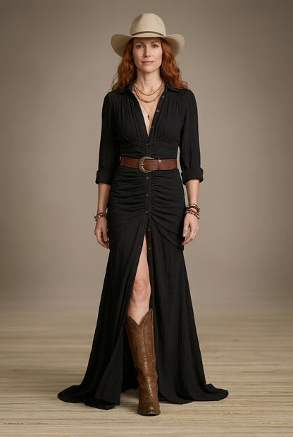 Elegant Long Belted Dress for Women, Pleated Lapels Tailored Flowing Silhouette, for Work, Evening, Brunch & Everyday We