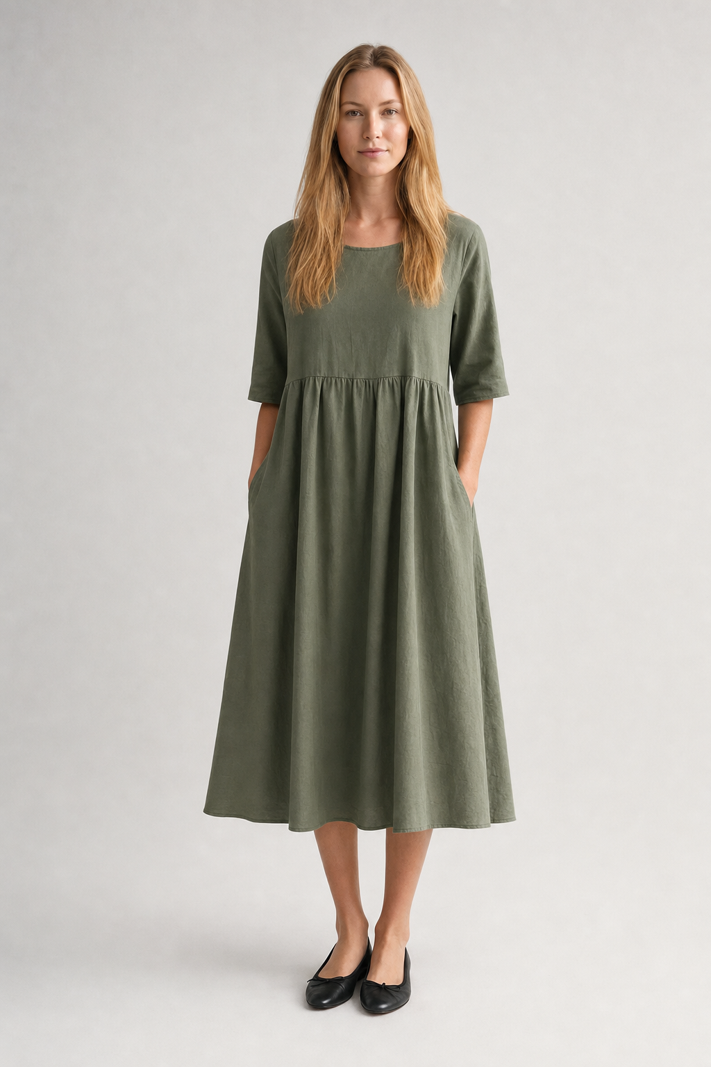 Nola | Women's Linen Gathered Waist Half-Sleeve Midi Dress