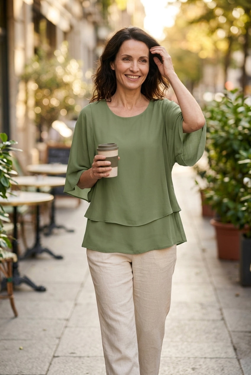 Elegant Green Two-Piece Set: Layered Top & Leaf Print Pants
