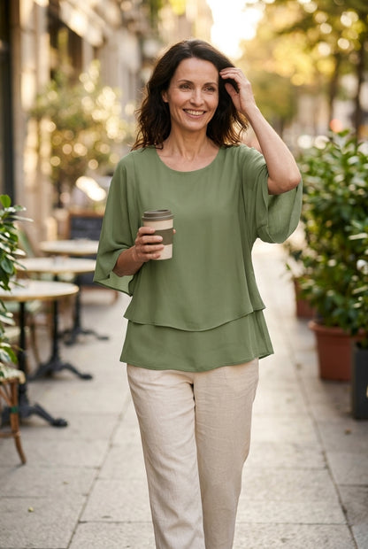 Elegant Green Two-Piece Set: Layered Top & Leaf Print Pants