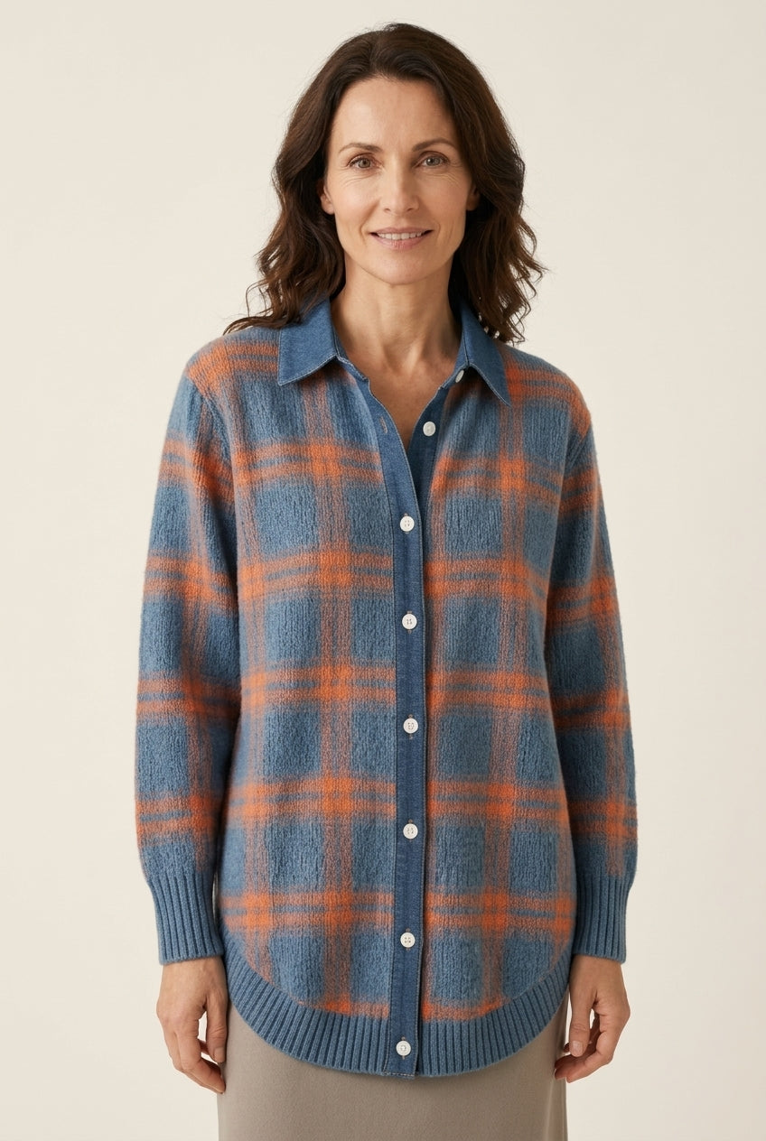 Elegant Checkered Cardigan for Women, Longline Button-Front Cozy Relaxed Fit, for Work, Casual, Everyday & Layering