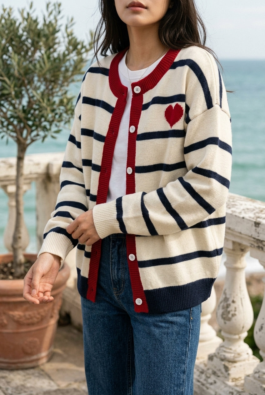 Drora | Striped Heart Pattern Cardigan