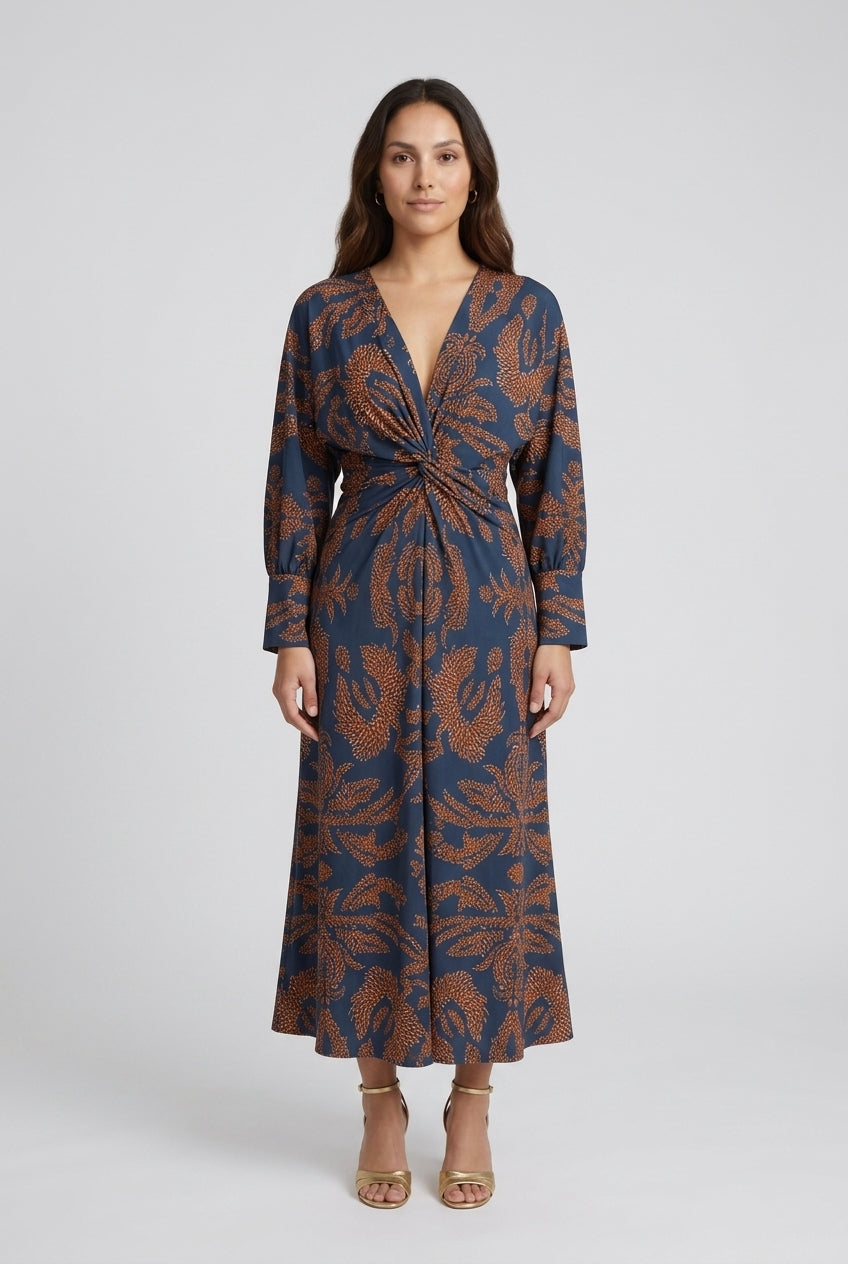 Elegant V-Neck A-Line Maxi Dress for Women, Long Sleeve Flowing Silhouette with Waist Detail, for Wedding, Evening & Spe