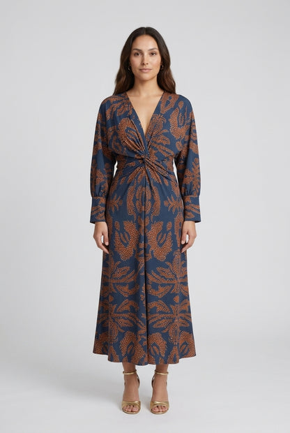 Elegant V-Neck A-Line Maxi Dress for Women, Long Sleeve Flowing Silhouette with Waist Detail, for Wedding, Evening & Spe