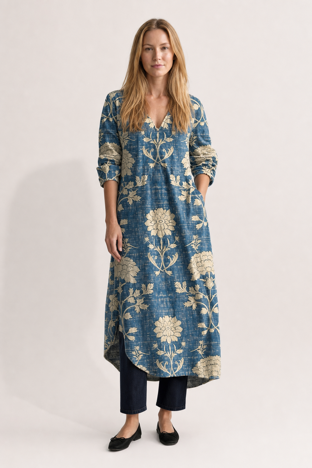Lumi | Women's Boho Linen Floral V-Neck Pocket Midi Dress