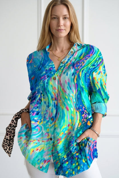 Abstract Print Women's Casual Long Sleeve Button-Down Shirt