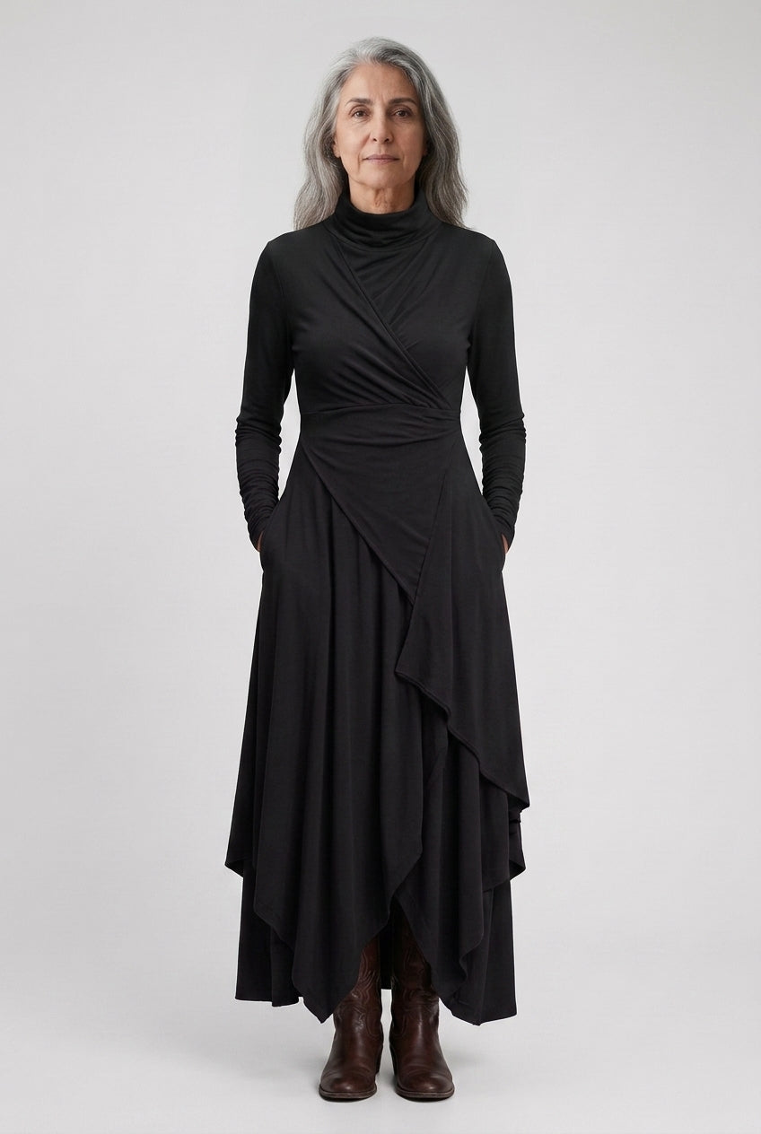 Elegant High Neck Maxi Dress for Women, Flowing Layered Long-Sleeve, for Formal Events, Wedding Guest & Everyday Wear