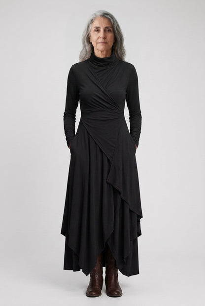 Elegant High Neck Maxi Dress for Women, Flowing Layered Long-Sleeve, for Formal Events, Wedding Guest & Everyday Wear