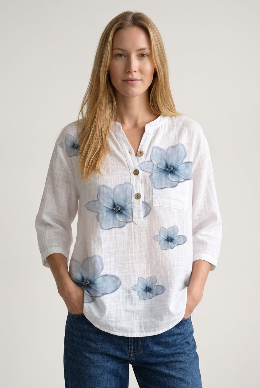 Women's Floral Front-Button 3/4 Sleeve Casual Top