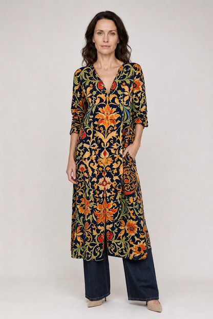 Amia | Women's Navy Cotton Boho Baroque Scroll V-Neck Midi Dress