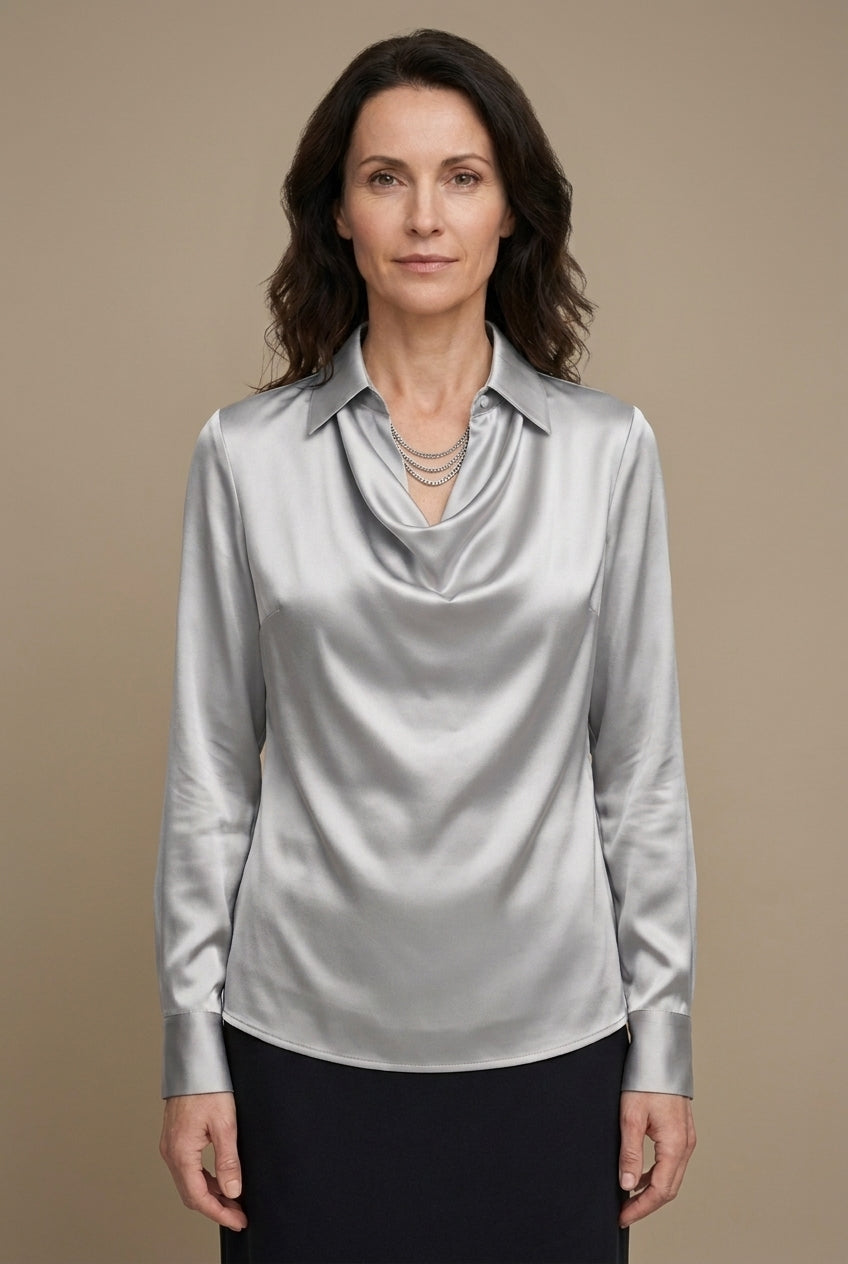 Elegant Draped Neckline Satin Blouse for Women, Long-Sleeve Tailored with Collar Detail, for Work, Office, Evening & Eve