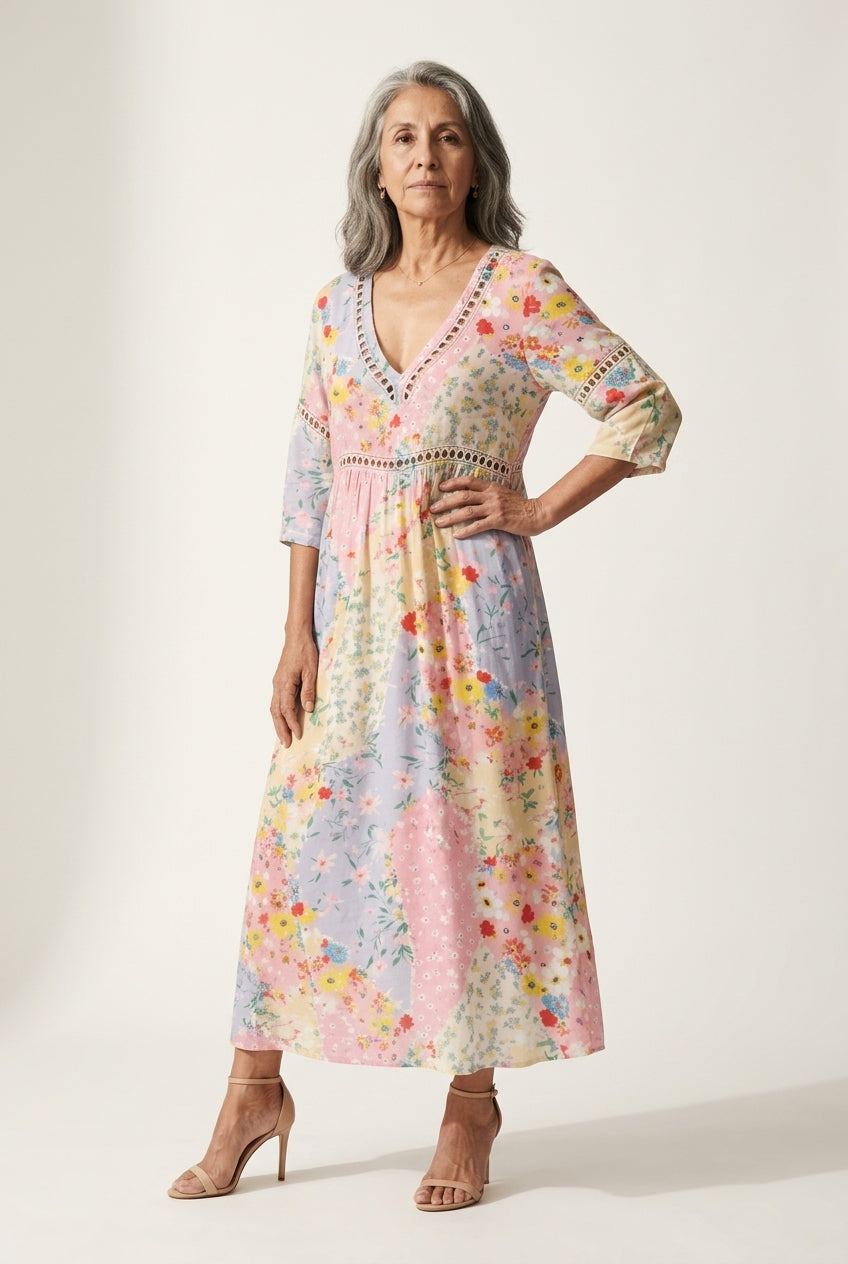 Mercedes | Floral Patchwork V-Neck Dress