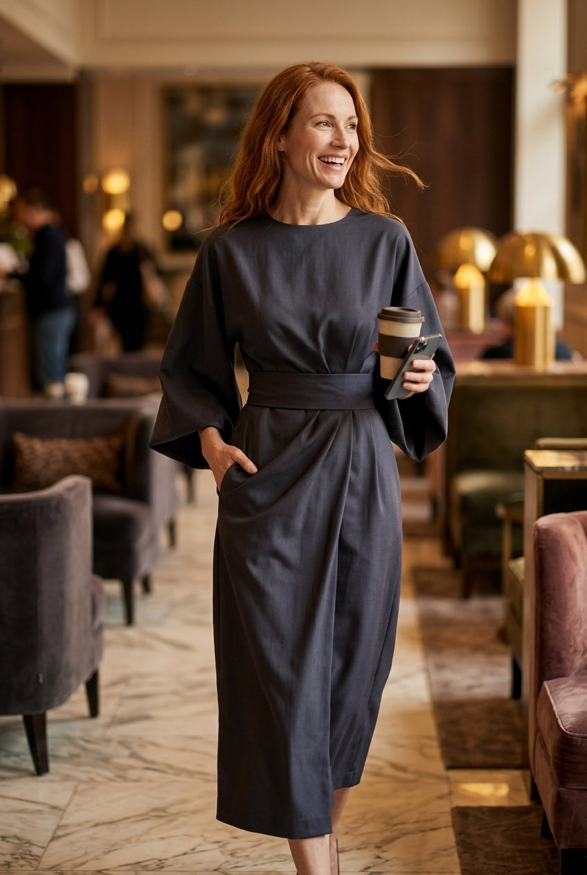 Elegant Lantern Sleeve Dress for Women, Lightweight Flowing Fabric Waist-Defining Belt, for Formal Events, Celebrations 