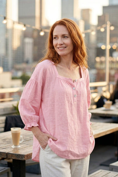Relaxed Puff Sleeve Blouse for Women, Square Neckline Button-Front Long Sleeve, for Work, Casual, Everyday & Brunch