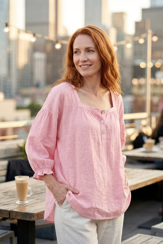 Relaxed Puff Sleeve Blouse for Women, Square Neckline Button-Front Long Sleeve, for Work, Casual, Everyday & Brunch