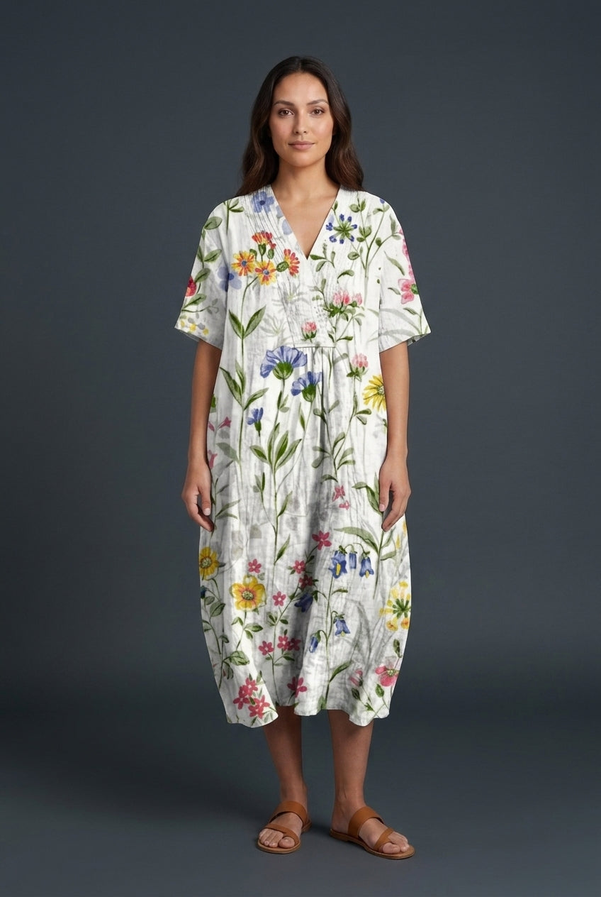 Vibrant Multicolour V-Neck Dress for Women, Lightweight Cotton-Linen Blend, for Summer, Casual & Party Wear