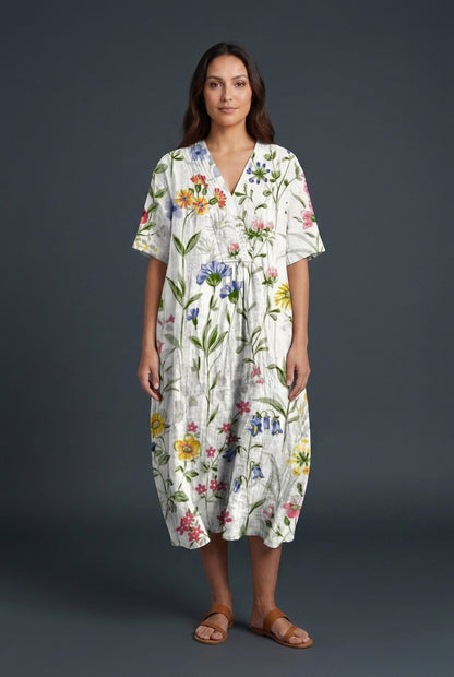 Vibrant Multicolour V-Neck Dress for Women, Lightweight Cotton-Linen Blend, for Summer, Casual & Party Wear