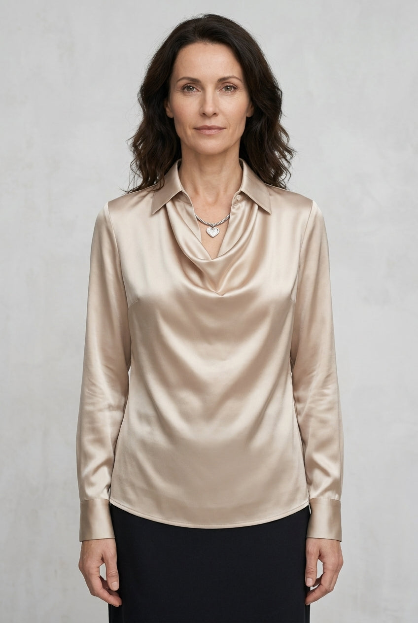 Elegant Draped Neckline Satin Blouse for Women, Long-Sleeve Tailored with Collar Detail, for Work, Office, Evening & Eve