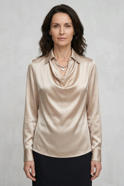 Elegant Draped Neckline Satin Blouse for Women, Long-Sleeve Tailored with Collar Detail, for Work, Office, Evening & Eve