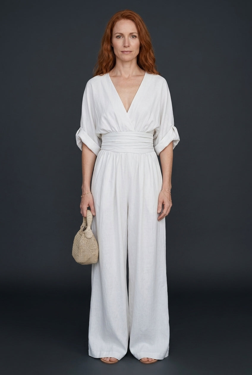 Elegant Wide Sleeve V-Neck Jumpsuit for Women, Flowing Relaxed Fit Cinched Waist, for Brunch, Travel, Casual & Everyday 