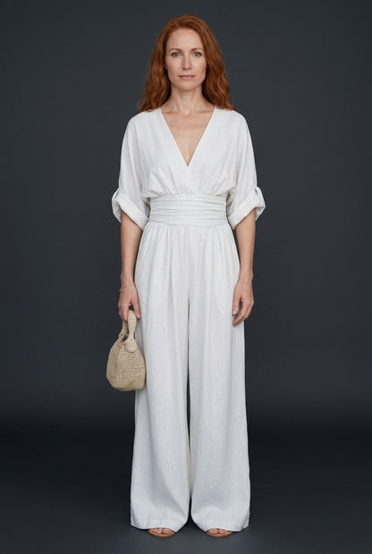 Elegant Wide Sleeve V-Neck Jumpsuit for Women, Flowing Relaxed Fit Cinched Waist, for Brunch, Travel, Casual & Everyday 