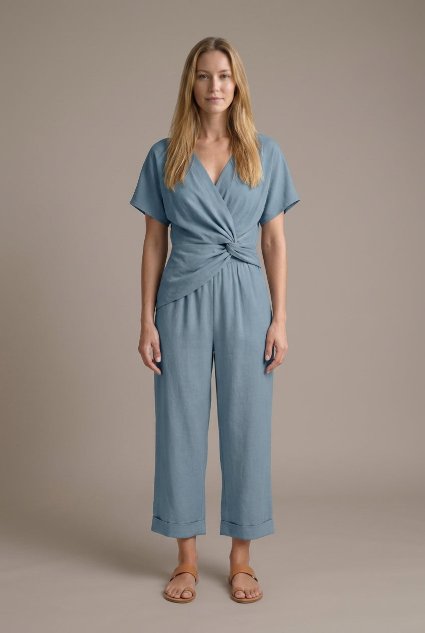 Elegant Two-Piece Set for Women, Wrap-Front Top Cropped Trousers Lightweight Breathable, for Summer, Vacation, Casual & 