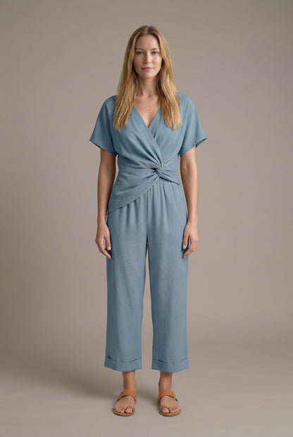 Elegant Two-Piece Set for Women, Wrap-Front Top Cropped Trousers Lightweight Breathable, for Summer, Vacation, Casual & 