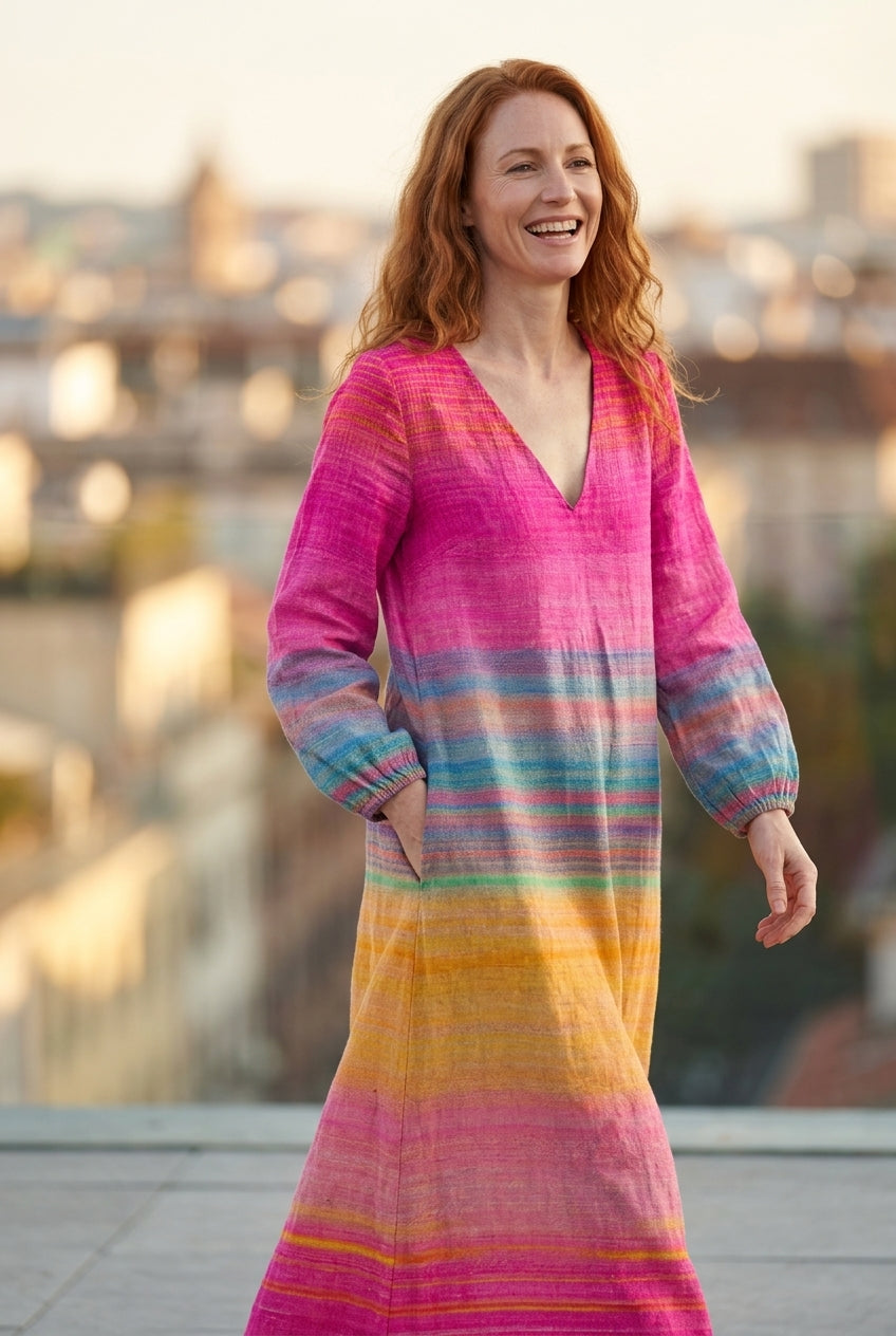 Relaxed V-Neck Dress for Women, Lightweight Breathable Multicolour with Side Pockets, for Everyday, Casual & Vacation We