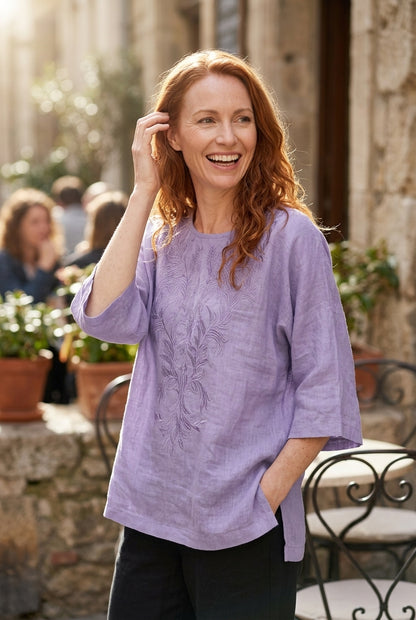 Purple Embroidery Crew Neck Short Sleeve Blouse