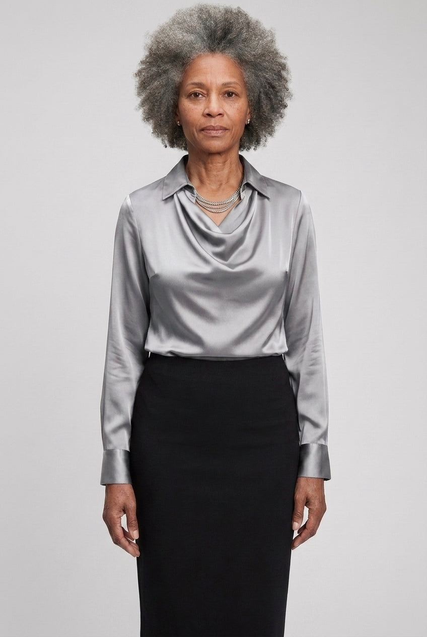 Elegant Satin Blouse for Women, Soft Drape Neckline Feminine Cut, for Work, Dinner, Evening & Everyday Wear