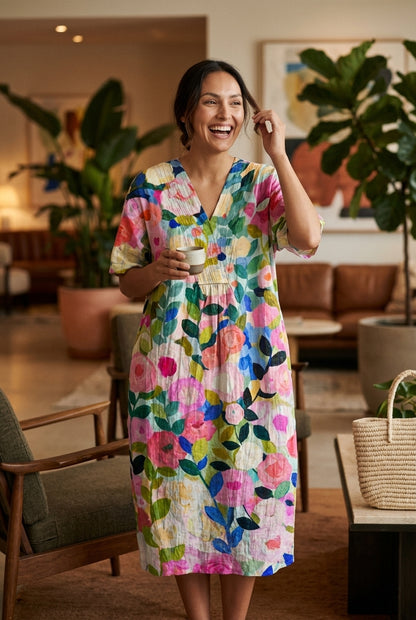 Vibrant Multicolour V-Neck Dress for Women, Lightweight Cotton-Linen Blend, for Summer, Casual & Party Wear