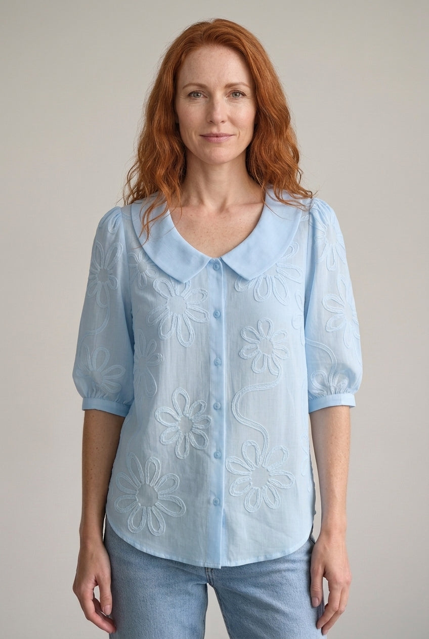 Embroidered Floral Blouse for Women, Cotton Blend Short-Sleeve Round Neckline Button-Down, for Work, Casual, Everyday & 