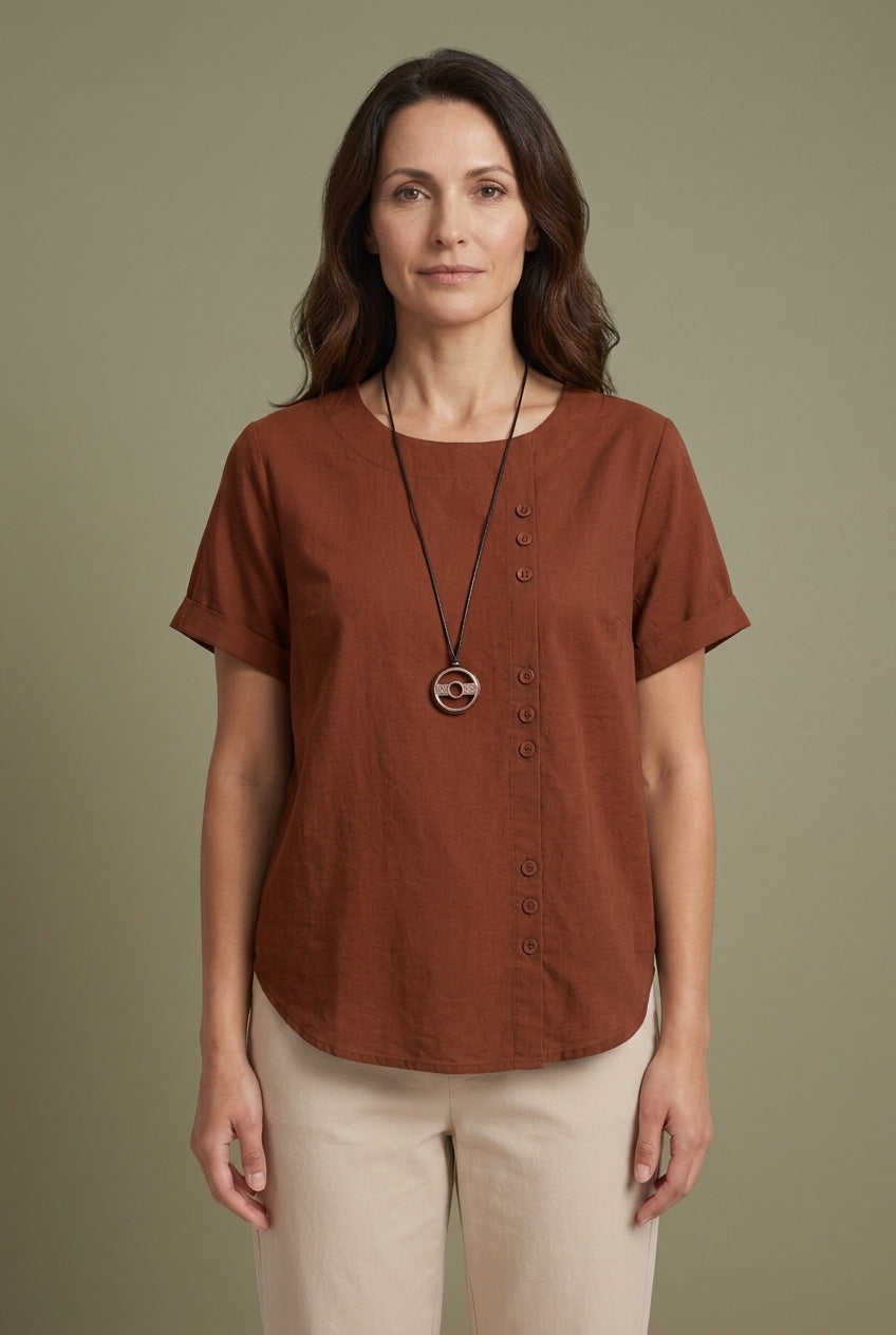 Casual Short Sleeve Cotton Blouse for Women, Loose Fit Round Neck with Side Buttons, for Summer, Everyday Wear & Vacatio
