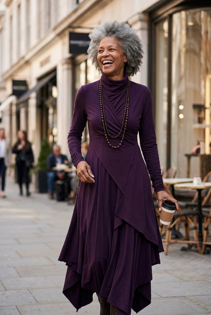Elegant High Neck Maxi Dress for Women, Flowing Layered Long-Sleeve, for Formal Events, Wedding Guest & Everyday Wear