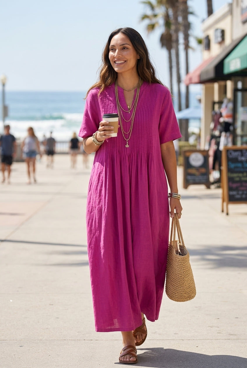 Elegant Maxi Dress for Women, Soft Linen V-Neck Relaxed Pleated, for Summer, Vacation, Brunch & Everyday Wear