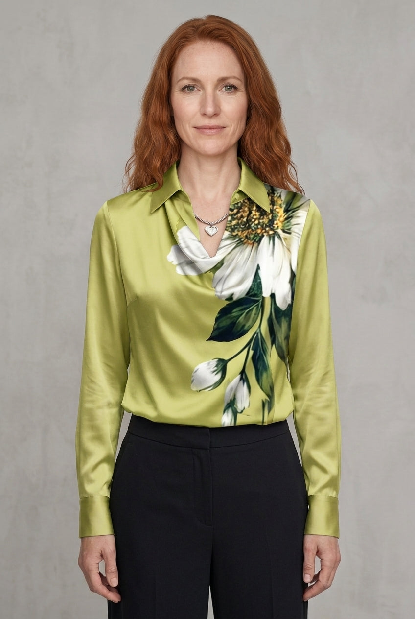 Elegant Draped Neckline Satin Blouse for Women, Long-Sleeve Tailored with Collar Detail, for Work, Office, Evening & Eve