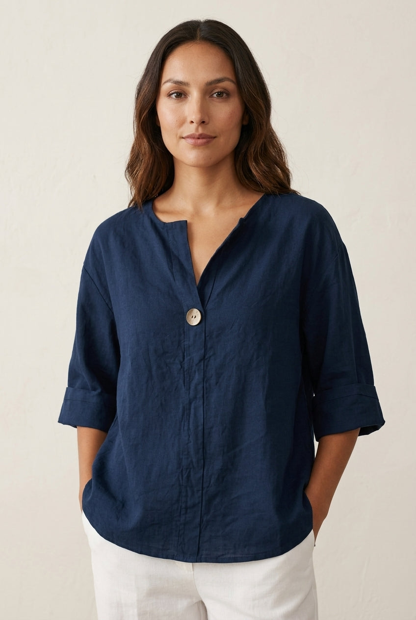 Relaxed Cotton Blouse for Women, 3/4 Sleeve V-Neck Single Button, for Summer, Casual & Everyday Wear