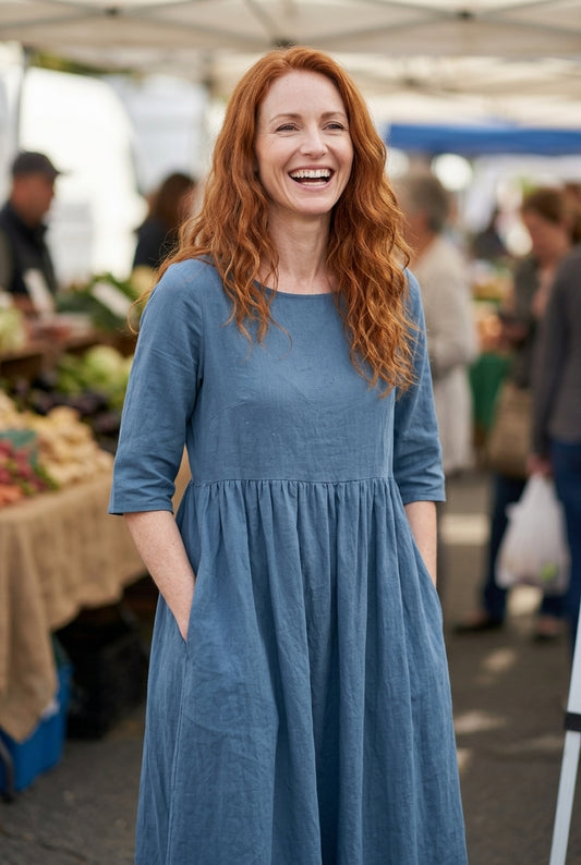 Classic Mid Sleeve Dress for Women, Cotton Relaxed Round Neckline with Pockets, for Spring, Summer & Everyday Wear