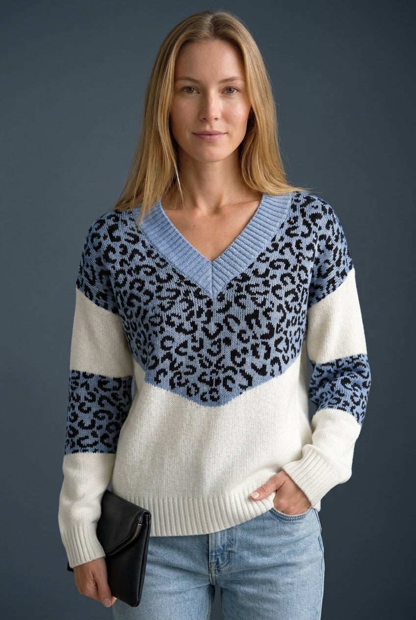 Elegant Leopard Print V-Neck Sweater for Women, Soft Knit Long-Sleeve, for Work, Casual & Evening Wear