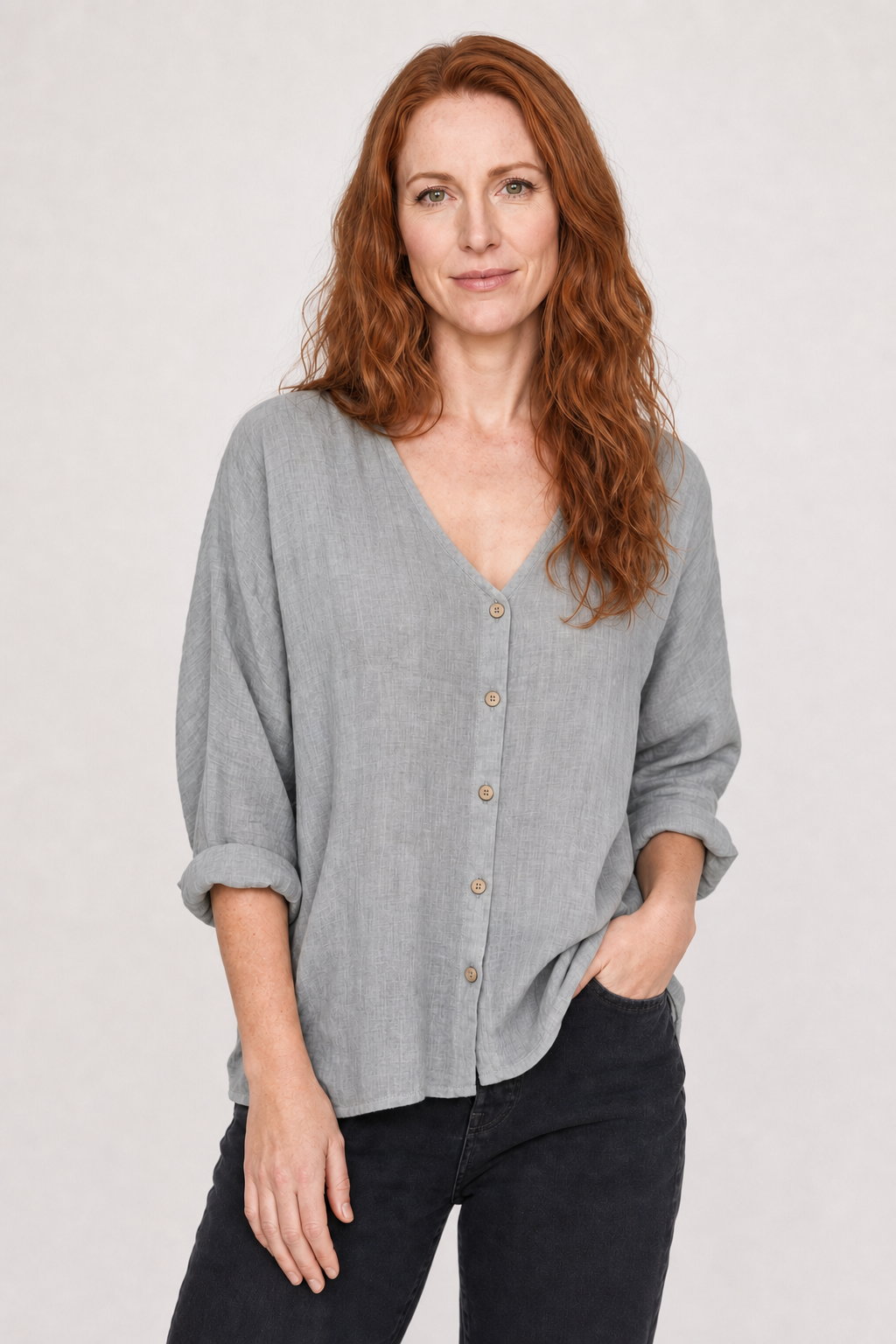 Rina | Women's Casual Cotton V-Neck Button-Front Three-Quarter Sleeve Top