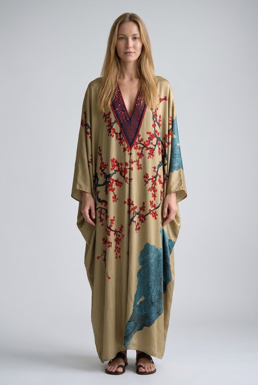 Japanese Plum Blossom Maxi Dress for Women, Batwing Sleeve Lightweight Flowing, for Beach, Holiday, Evening & Everyday W
