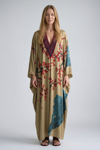Japanese Plum Blossom Maxi Dress for Women, Batwing Sleeve Lightweight Flowing, for Beach, Holiday, Evening & Everyday W