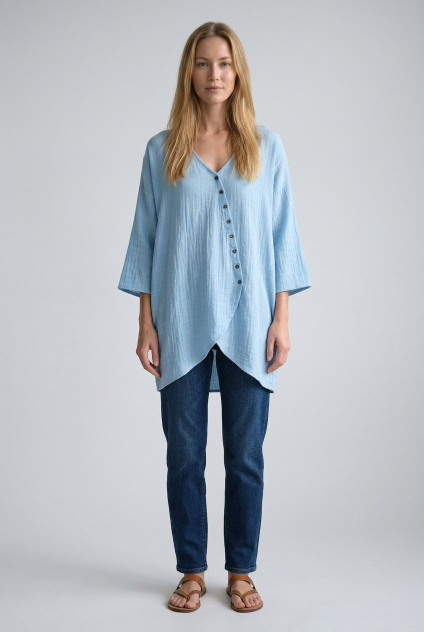 Elegant V-Neck Blouse for Women, Half-Sleeve Rayon Linen Button-Trim Asymmetric Hem, for Work, Casual, Brunch & Summer W