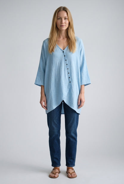 Elegant V-Neck Blouse for Women, Half-Sleeve Rayon Linen Button-Trim Asymmetric Hem, for Work, Casual, Brunch & Summer W