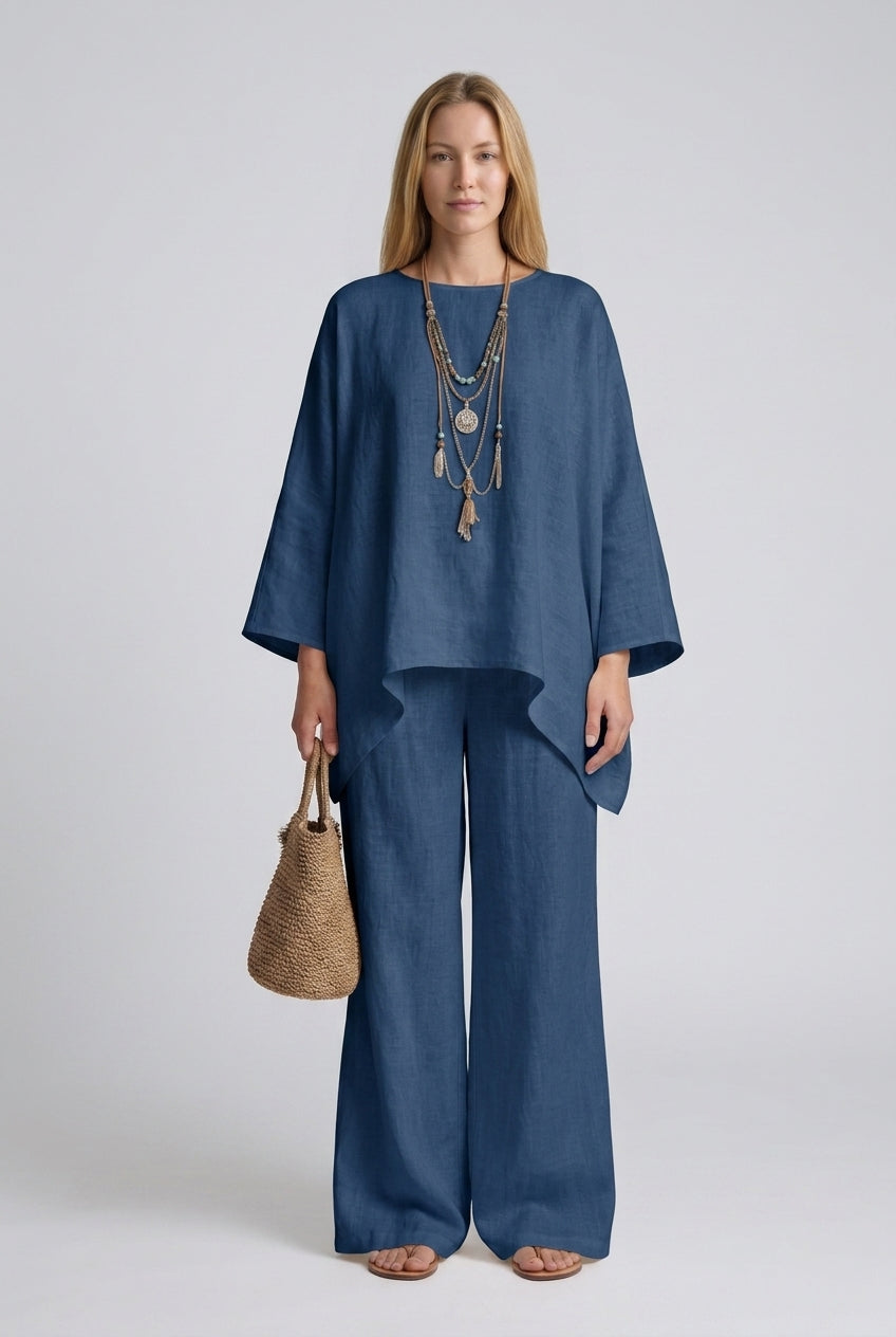 Elegant Wide Sleeve Linen Set for Women, Oversized Top and Wide-Leg Trousers, for Casual, Work, Vacation & Everyday Wear