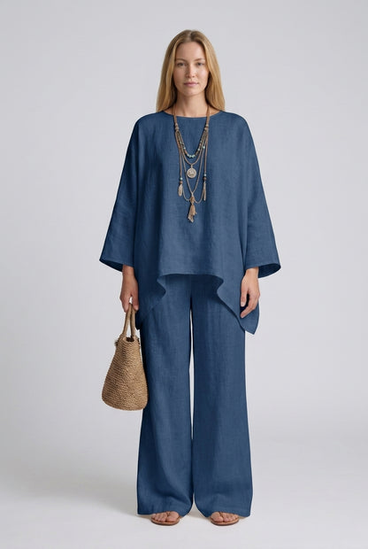 Elegant Wide Sleeve Linen Set for Women, Oversized Top and Wide-Leg Trousers, for Casual, Work, Vacation & Everyday Wear