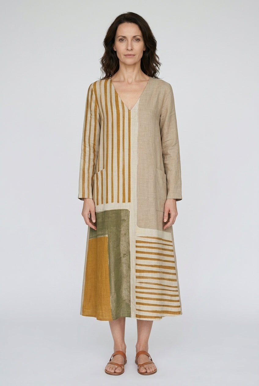 Lexi | Women's Khaki Linen Abstract Print V-Neck Half Sleeve Midi Dress